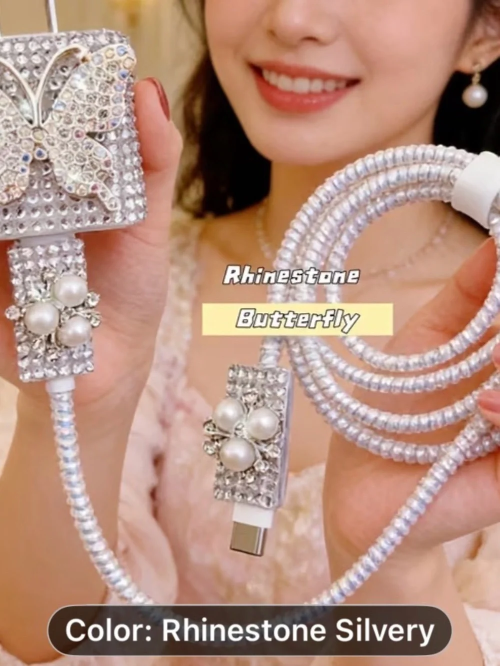 5PCS Rhinestone Silver Luxury Butterfly Bling Charger Set